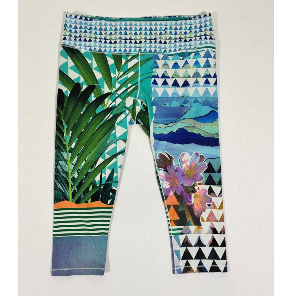 prAna Pillar Printed Capri Leggings Womens XL Teal Blue W41180320 Yoga